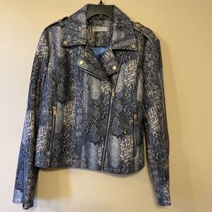 Bagatelle Women's Jacket Large Bomber Motorcycle Blue Faux Snake Skin Gold